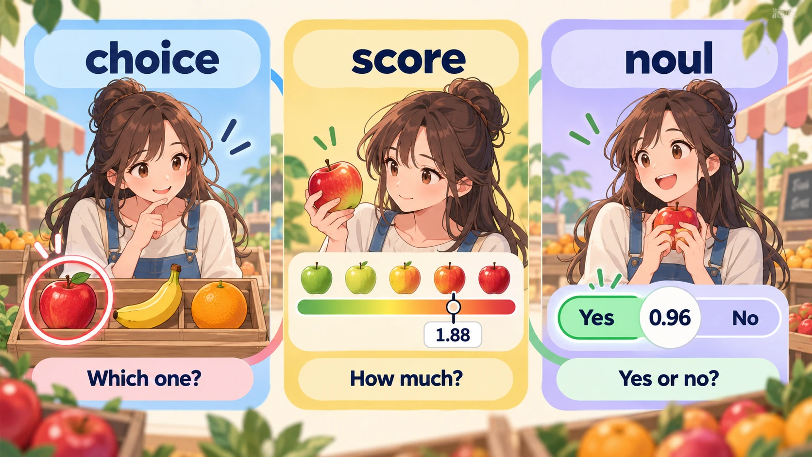 The three primitives: choice (which one), score (how much), noul (yes or no)